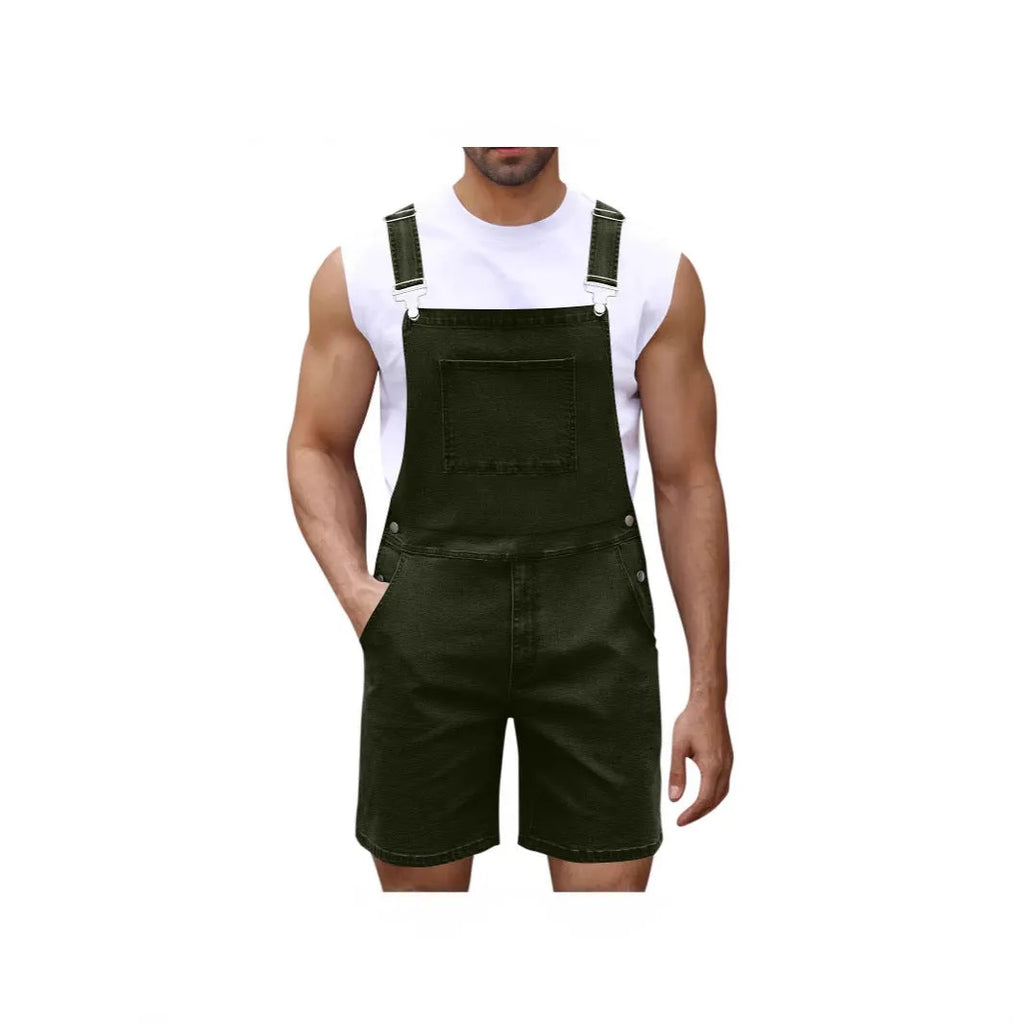 Men's straight-leg cotton denim shorts with zip fly, shown in dark blue, light blue, and black.