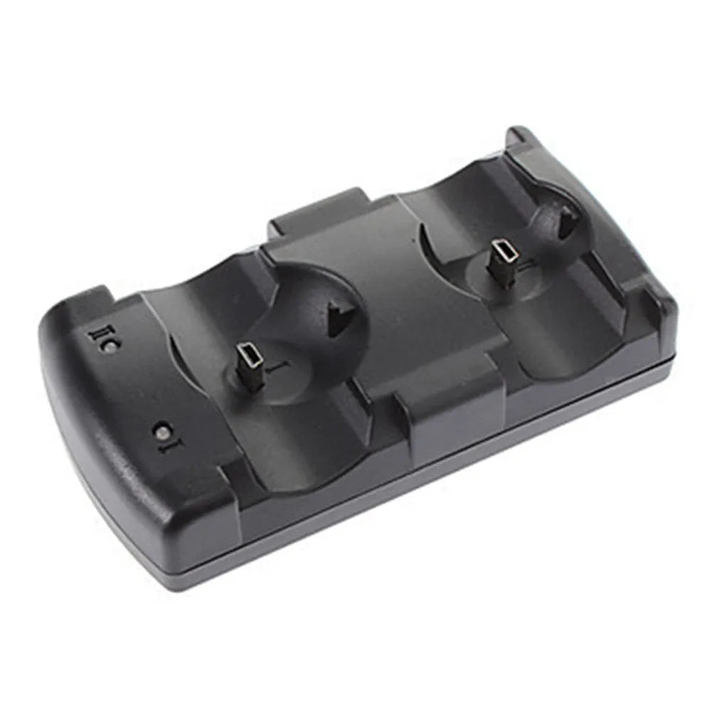 Black PS3 dual controller charging stand with two controller slots and USB connection