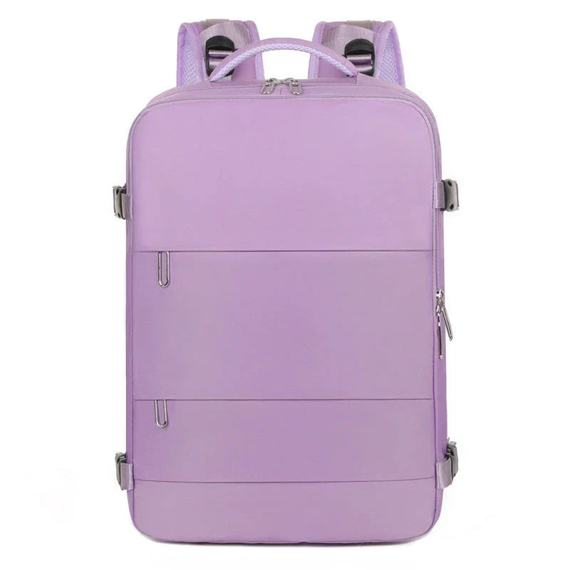 Stylish women's travel backpack with large capacity, separate wet and dry compartments, and a sleek, minimalist design