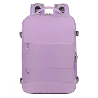 Stylish women's travel backpack with large capacity, separate wet and dry compartments, and a sleek, minimalist design