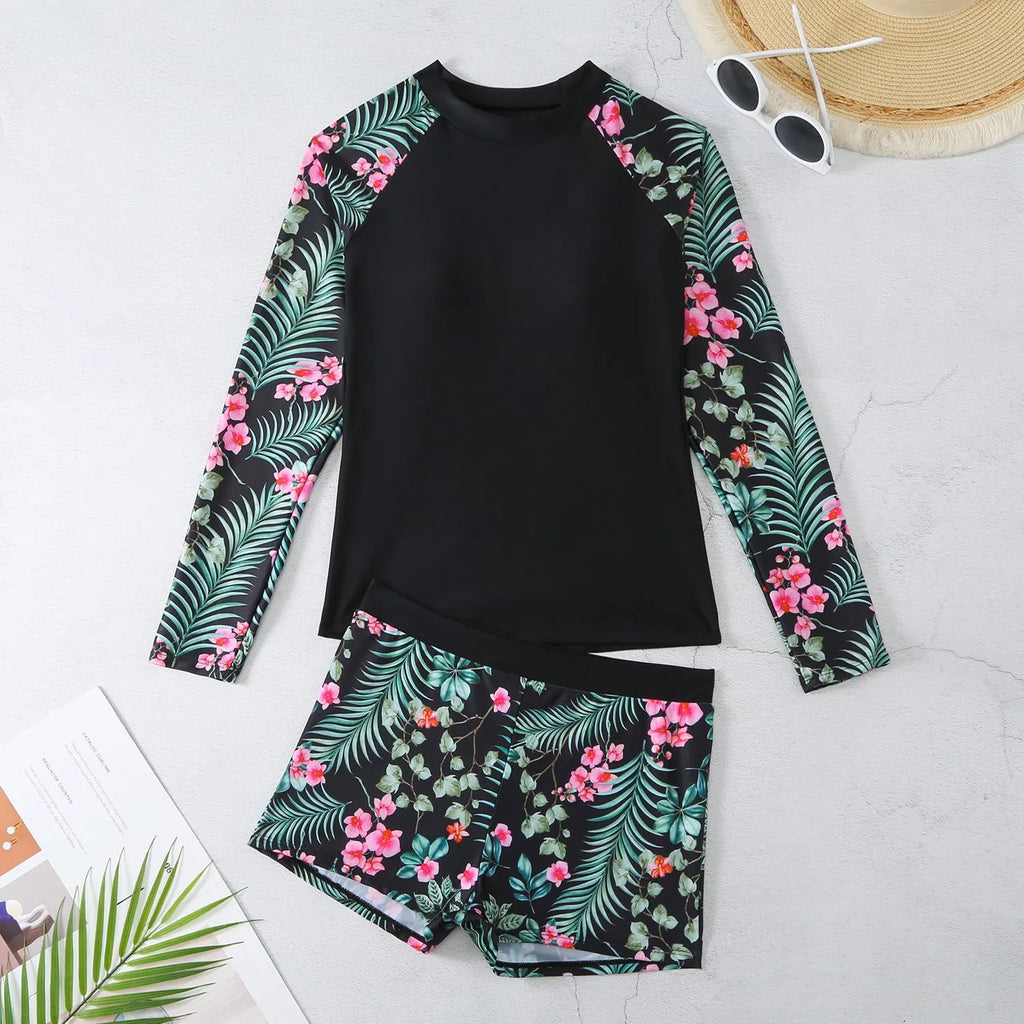 Digital printing women's split bikini swimsuit in polyester, backless with tie sides, available in black, green, dark blue, and sapphire blue