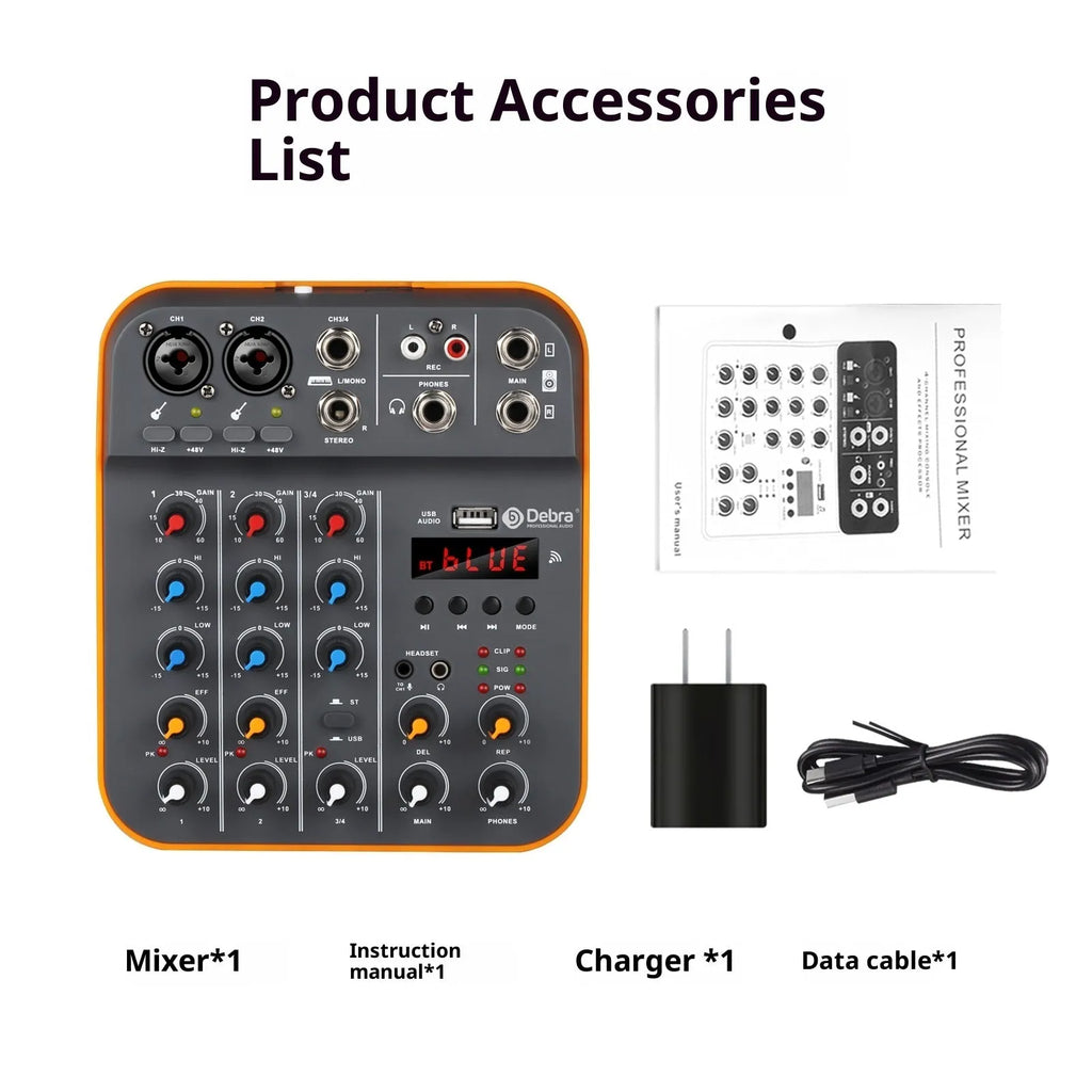 D4M USB reverb audio mixer, plastic housing, 26x22.5x8cm, with power cord and manual