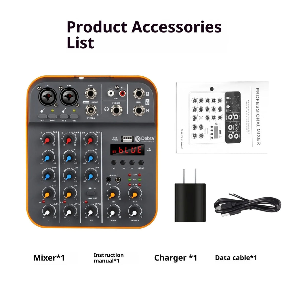 D4M USB reverb audio mixer, plastic housing, 26x22.5x8cm, with power cord and manual