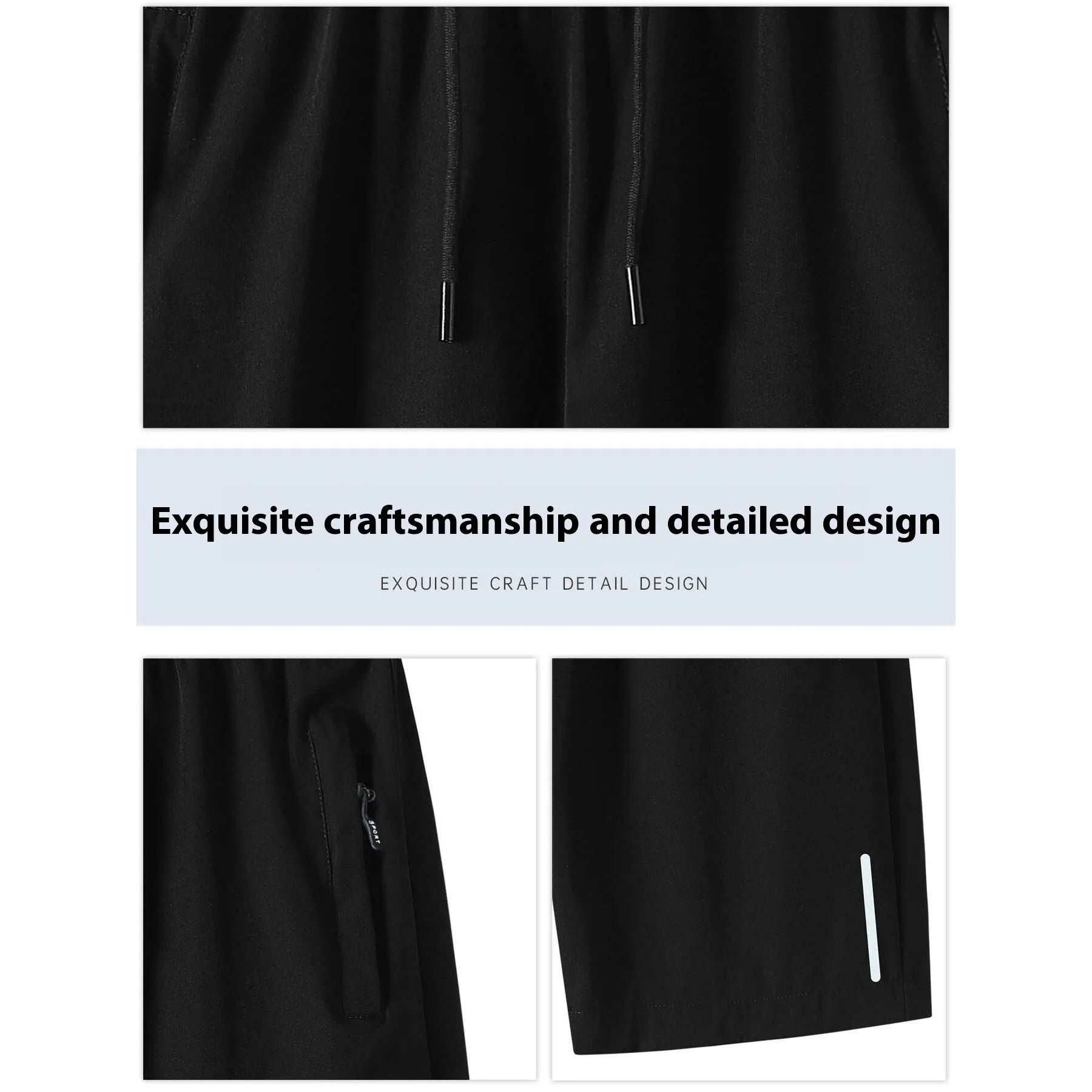 Men's thin ice silk quick-dry polyester running shorts in black, straight cut, front view
