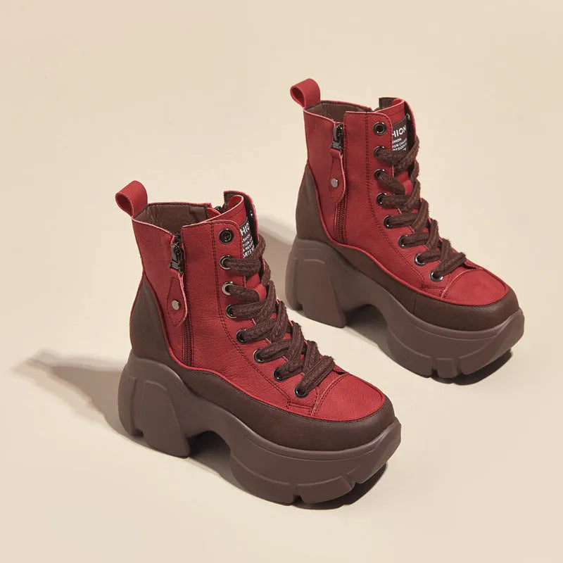 Women's retro small casual short boots in two-layer cowhide with wedge heel and elastic band, sizes 34-39