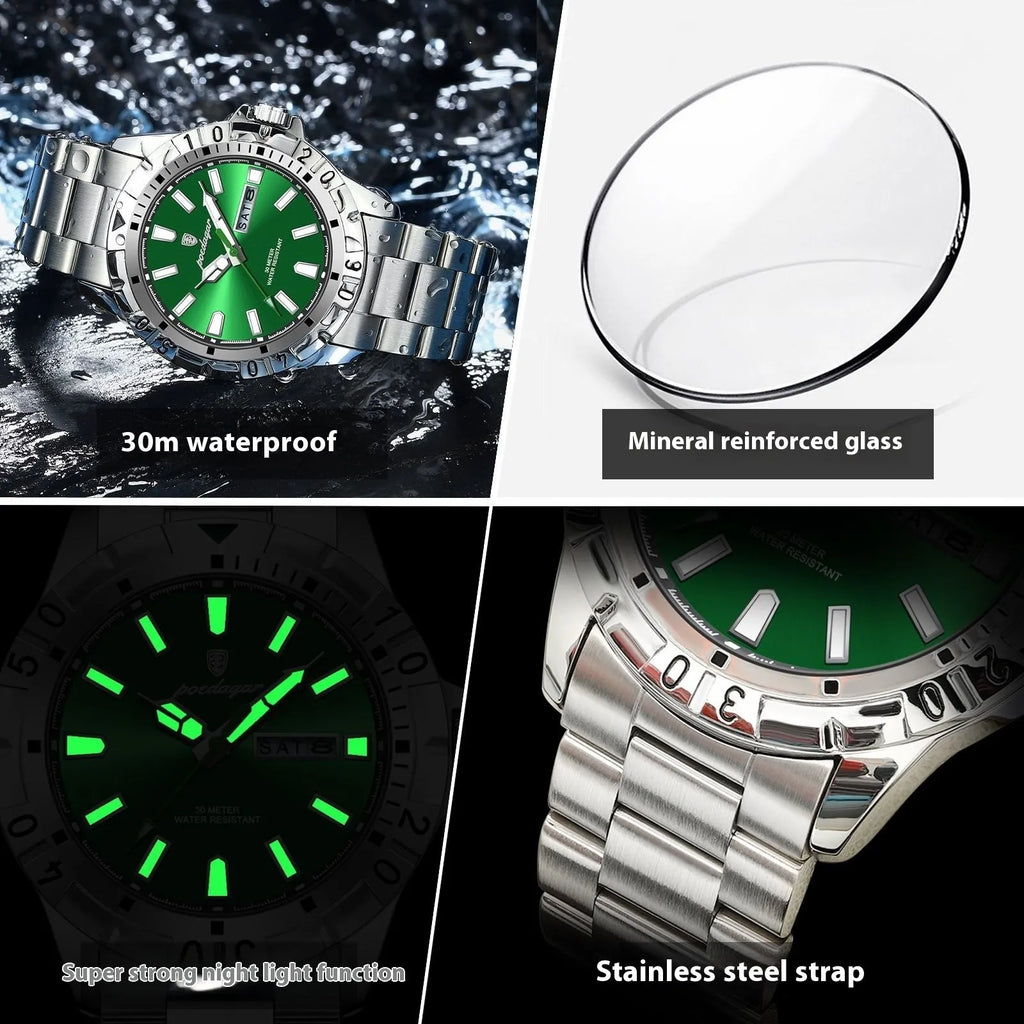 Swiss men's slim 6mm thick luminous waterproof watch in silver and gold colour options on a steel bracelet.