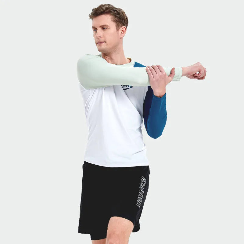 Men's white long-sleeved swim top with matching blue swim trunks for beach sports