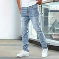 Men's straight leg skinny fit stretch jeans in black, grey and dark blue colours showing front and back views
