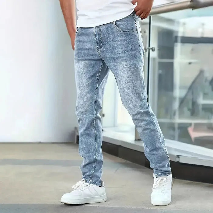 Men's straight leg skinny fit stretch jeans in black, grey and dark blue colours showing front and back views