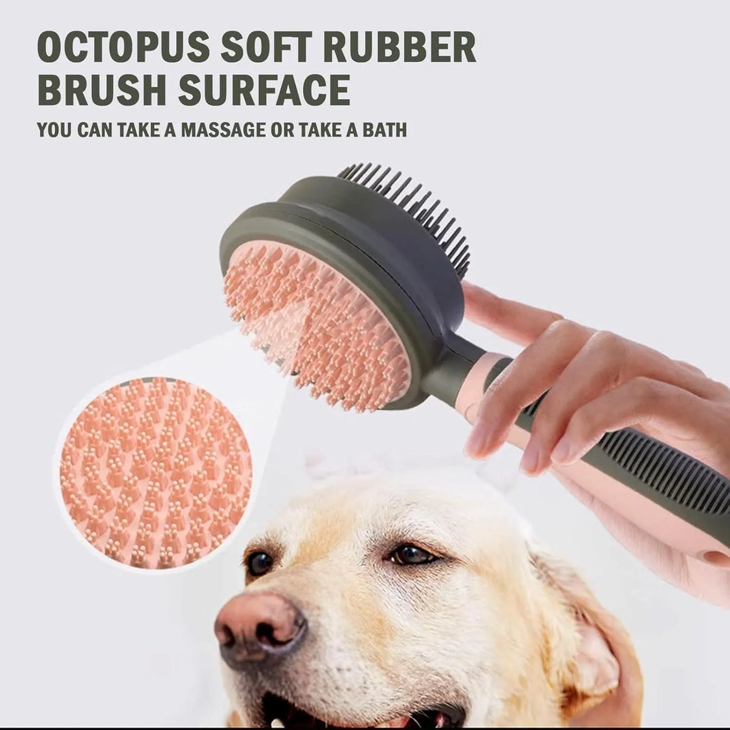Green and pink double-sided cat grooming brush with plastic bristles, rubber massage pins, release button, and flea comb