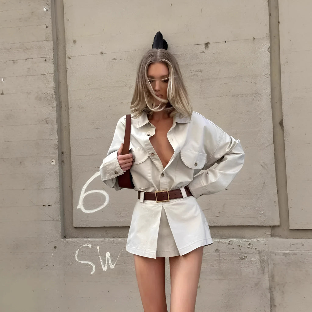 Grey button front long sleeve shirt dress with fake pockets and low waist short length