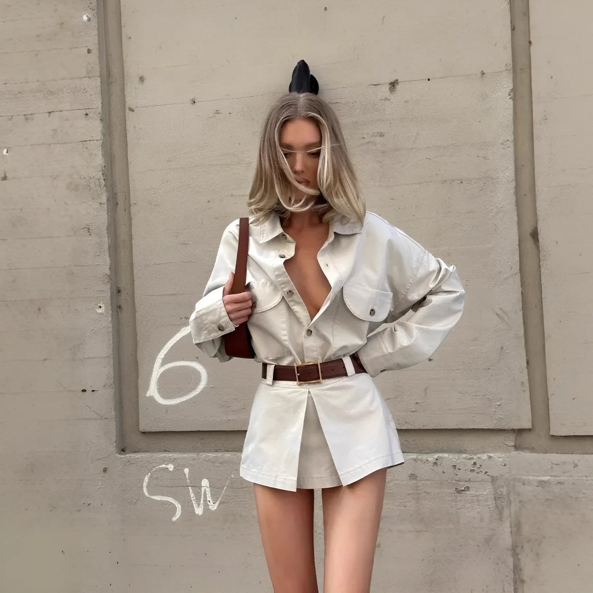 Grey button front long sleeve shirt dress with fake pockets and low waist short length