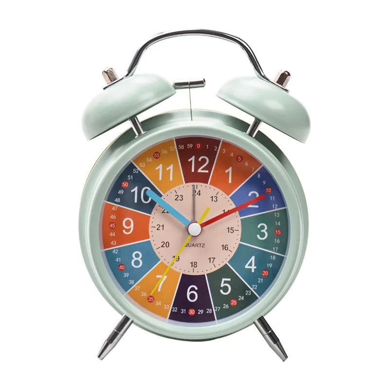 White children's alarm clock with LCD pointer and number display, night light button, and cartoon style design