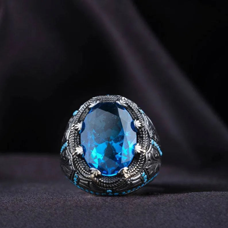 Geometric blue zircon couple ring with diamond accents in antique silver finish