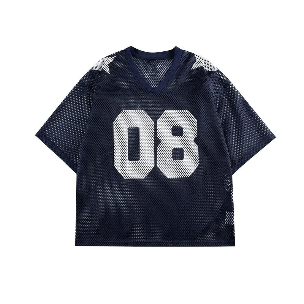 Black and navy blue half sleeve pullover shirt with loose fit and letter pattern design