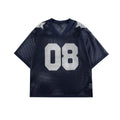 Black and navy blue half sleeve pullover shirt with loose fit and letter pattern design