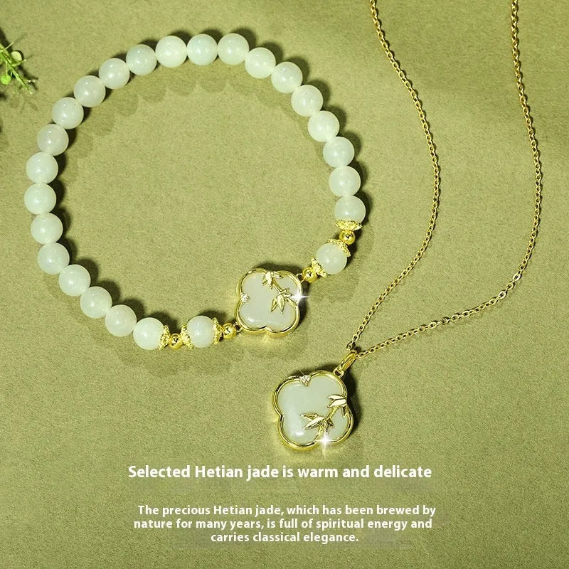Hetian Jade bracelet and necklace set with bamboo newspaper tone colour and leaf design