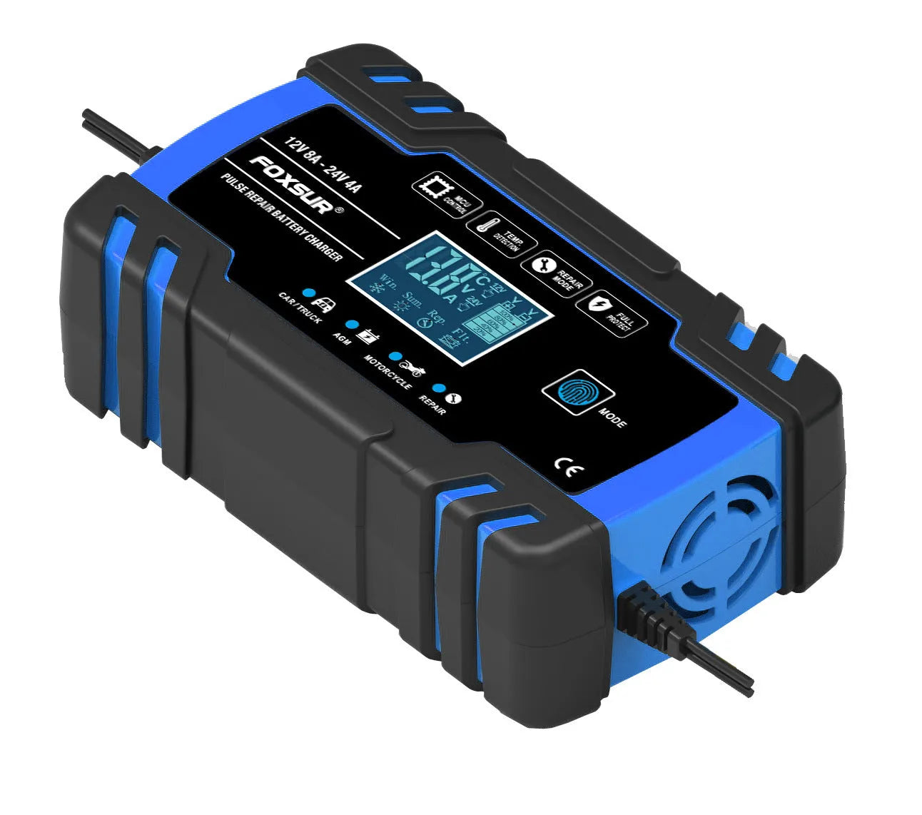 Blue universal smart battery charger for 12V 24V motorcycles cars trucks CE certified EU UK US plug