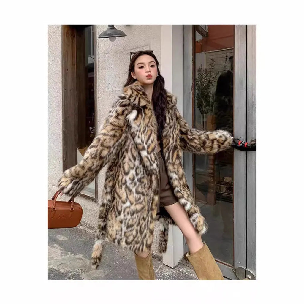 A long faux fur coat in street fashion style with a fur collar and pockets.