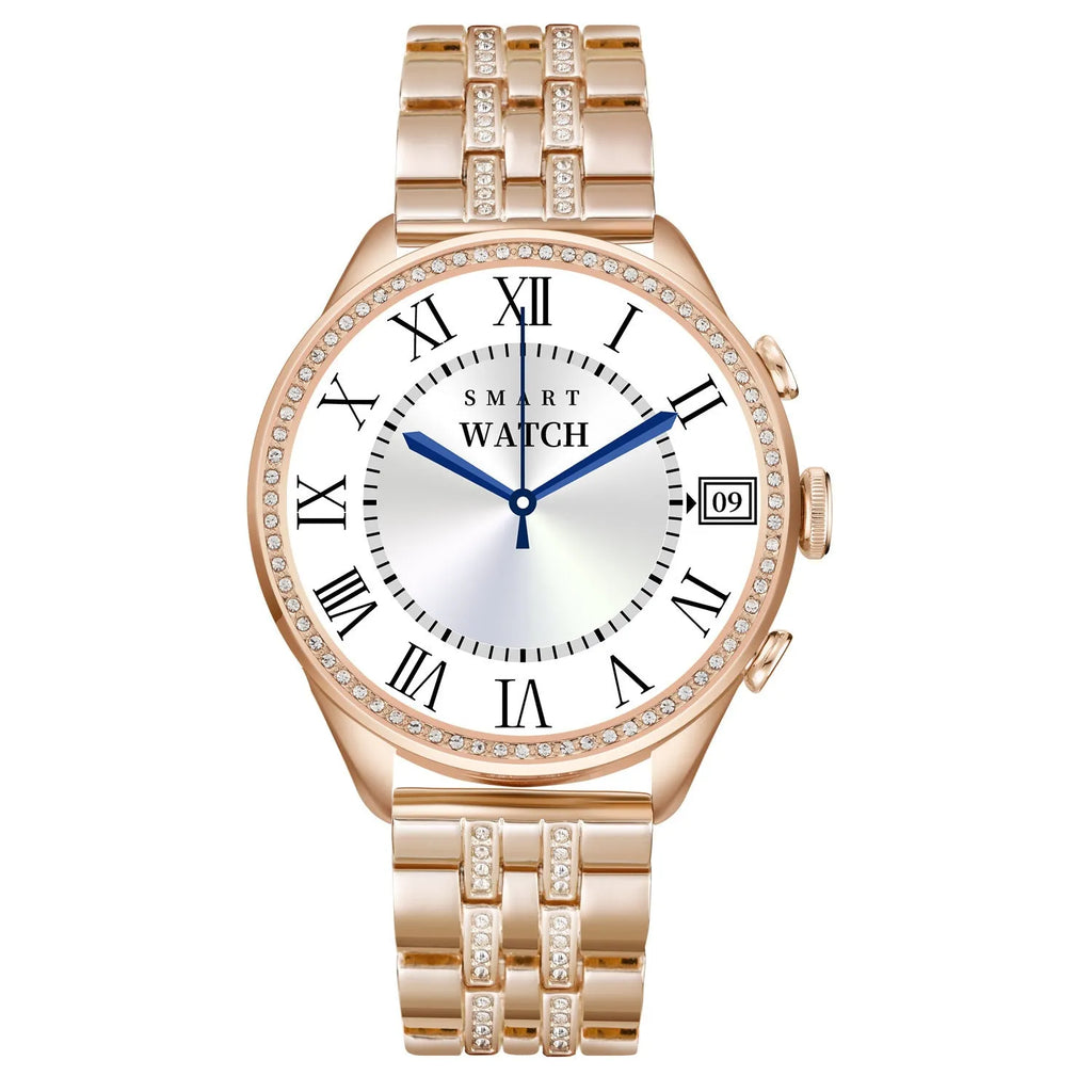 Gold smart watch with TFT screen featuring Bluetooth calling and health monitoring functions on a woman's wrist