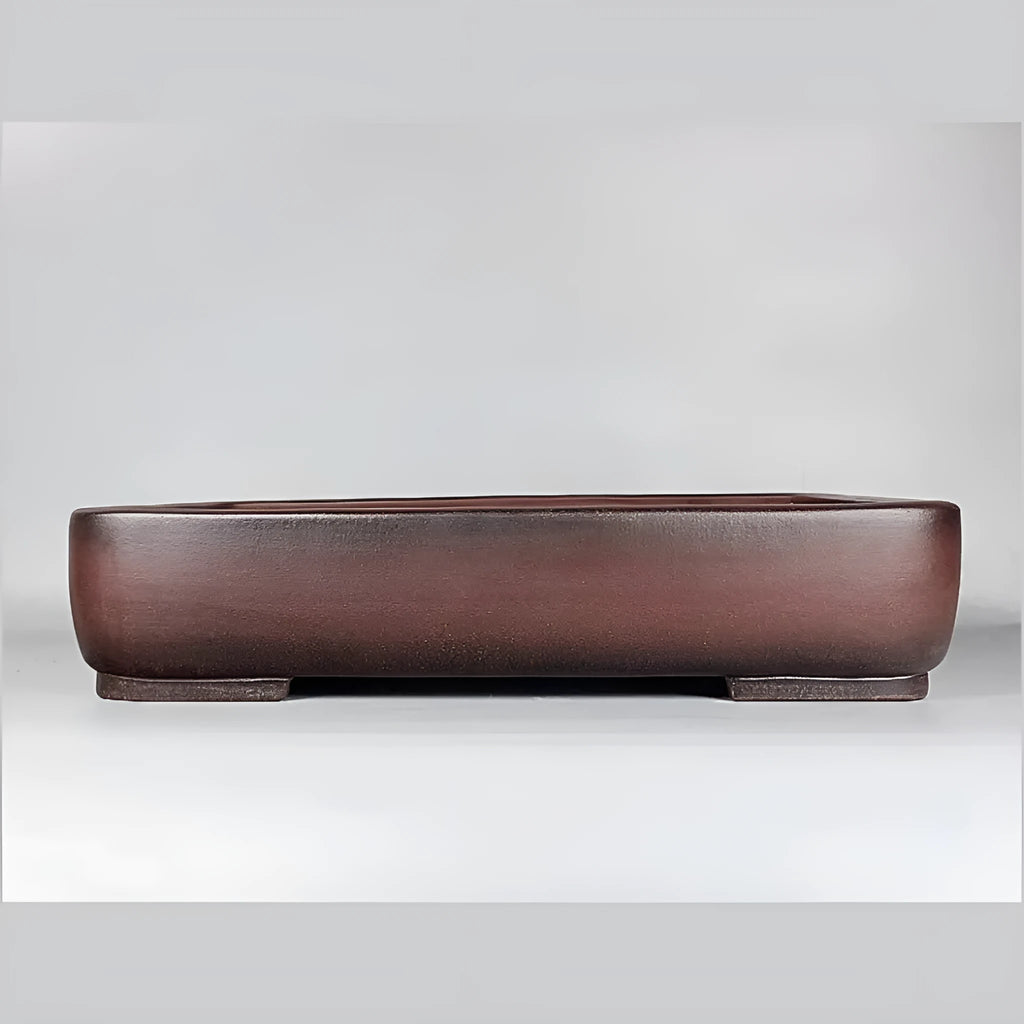 Handmade antique rectangular purple clay flower pot showing its dimensions and natural finish.