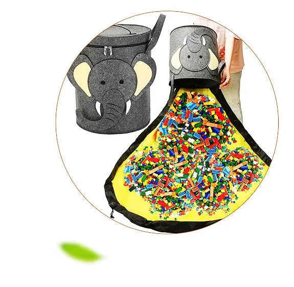 Green foldable felt cube storage bag with pull rope, shown both as a container and laid flat as a play mat.