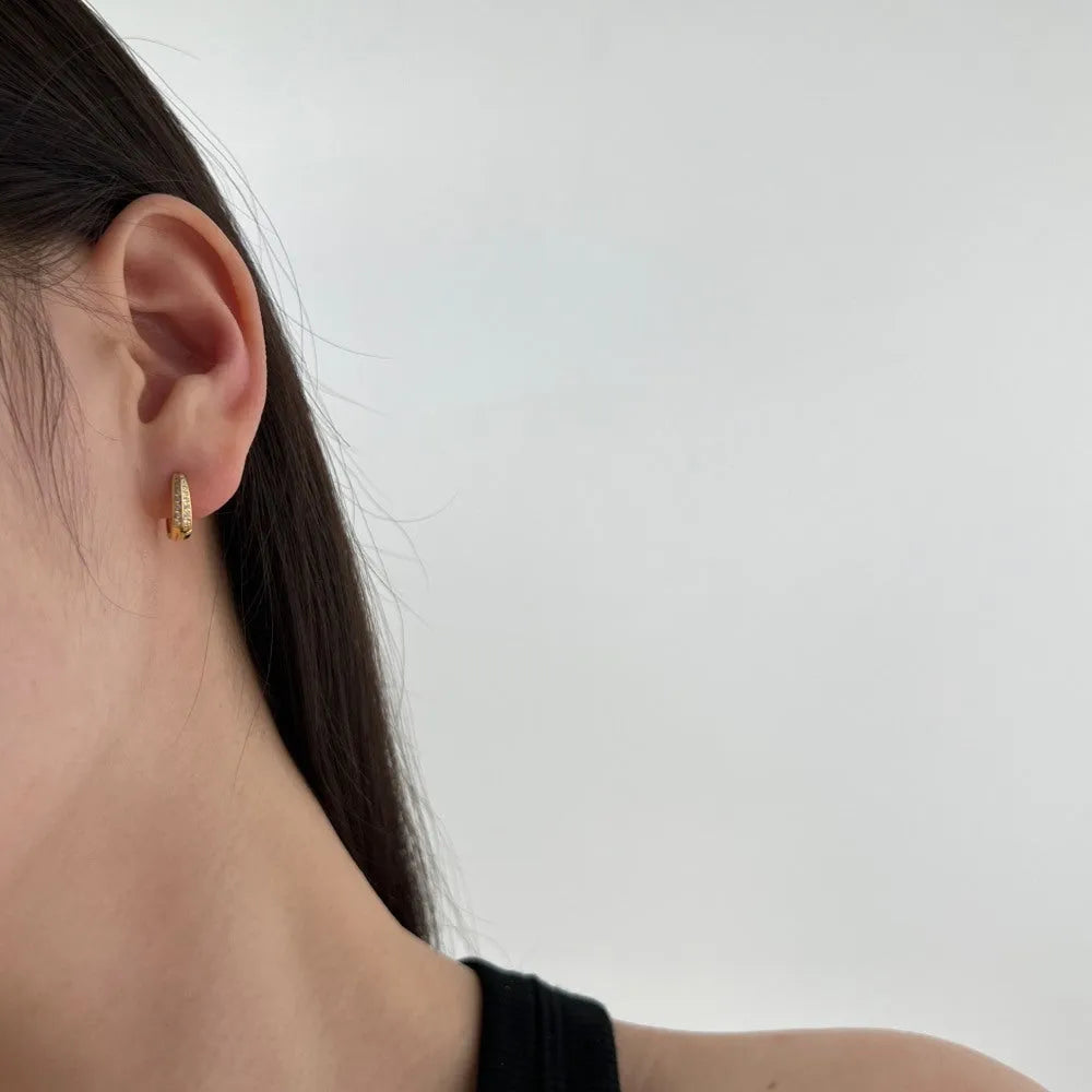 Round zircon gang drill stud earrings in 925 silver with gold electroplated finish on white background