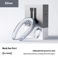 Silver grey hanging neck fan with no-blade design and USB charging port