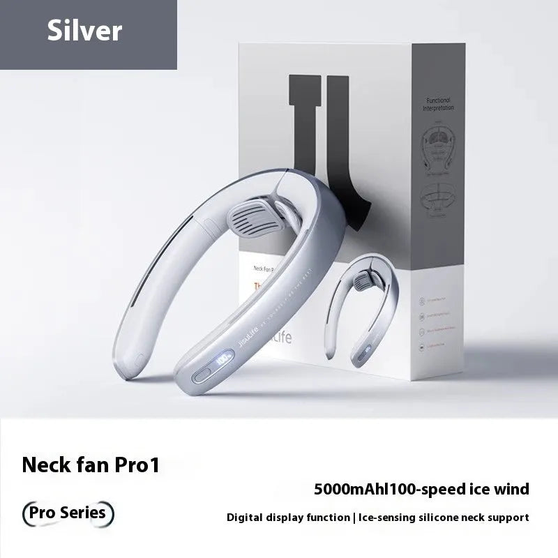 Silver grey hanging neck fan with no-blade design and USB charging port