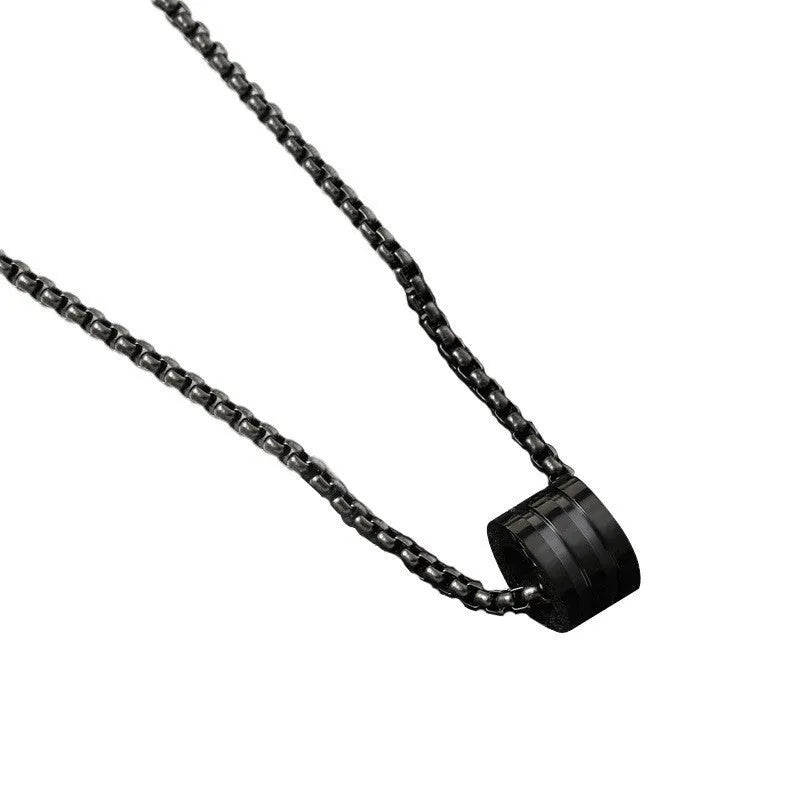 Black titanium steel necklace with cylindrical ring buckle pendant on stainless steel chain