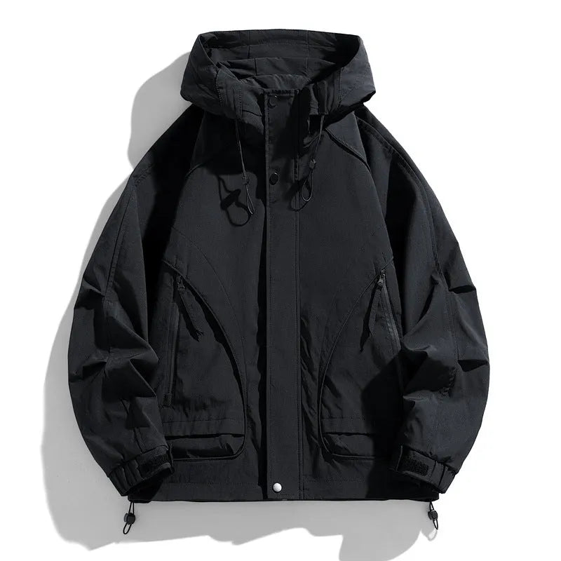 Men's hooded trench coat in black, thin dacron, loose fit, zip pocket, long sleeves, spring autumn jacket.