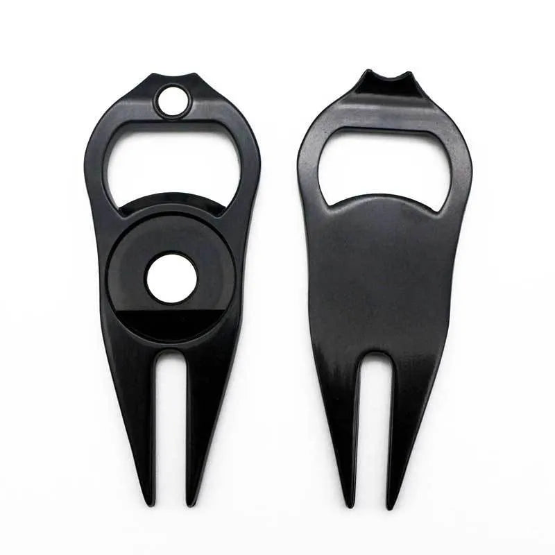 Zinc alloy golf putting tool with ball yoke, turf fork and bottle opener in black green silver options