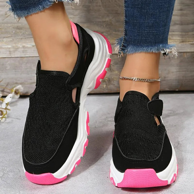 Women's mesh sport shoes with round toe, low heel, and Velcro fastening in a solid colour