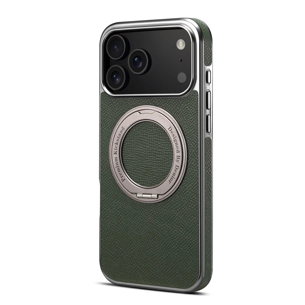 Genuine leather magnetic iPhone case with bracket in green, black, orange or red