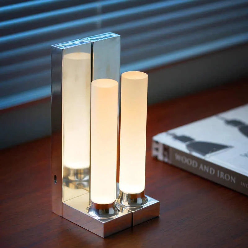 LED table lamp bookend in polished aluminium wood colour, 260mm tall, with acrylic and aluminium body and Type-C charging