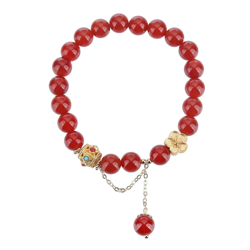 Handmade natural agate bracelet with peach blossom copper parts, 8mm bead size, red and white colour options