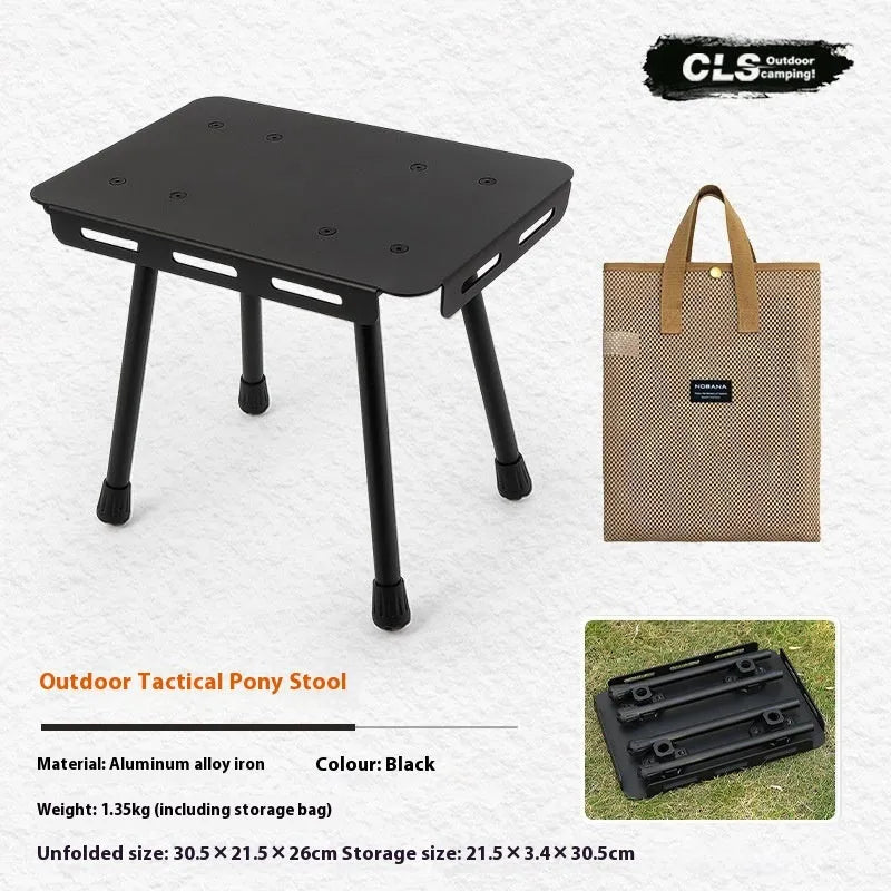 CLS aluminium folding camping stool and table with PU mat cushion inside its tactical storage bag.