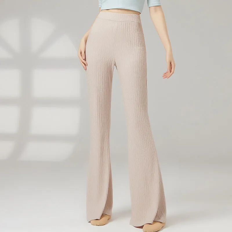 Women's solid colour classical dance practice pants in polyester, shown in beige apricot.