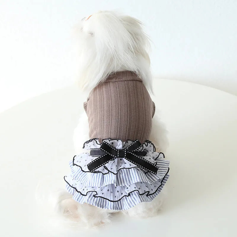 Polka dot lace princess dress for small pets with tulle skirt in purple, black, or coffee colours