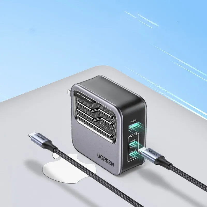 100W gallium nitride multi-port USB charger with compact dimensions