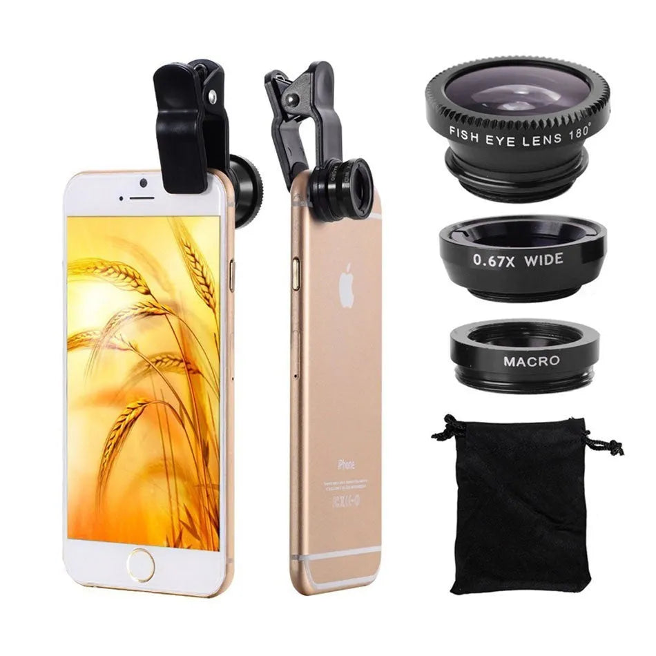 3-in-1 phone lens kit with 8x or 12x telephoto, universal clip, Bluetooth self-timer, cloth bag and lens wiping cloth