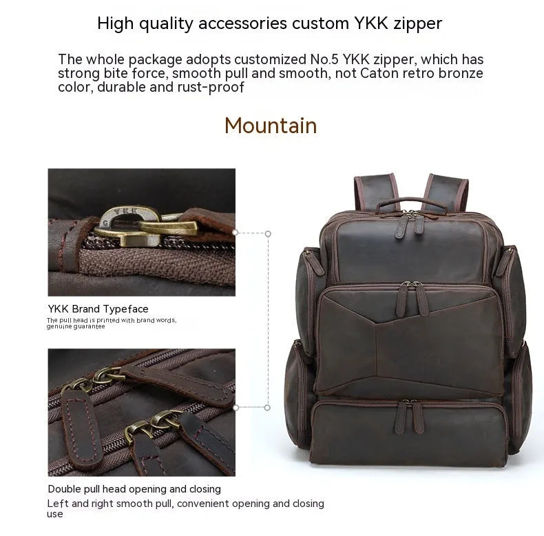 Dark brown retro leather backpack for men with a 17-inch laptop compartment open.