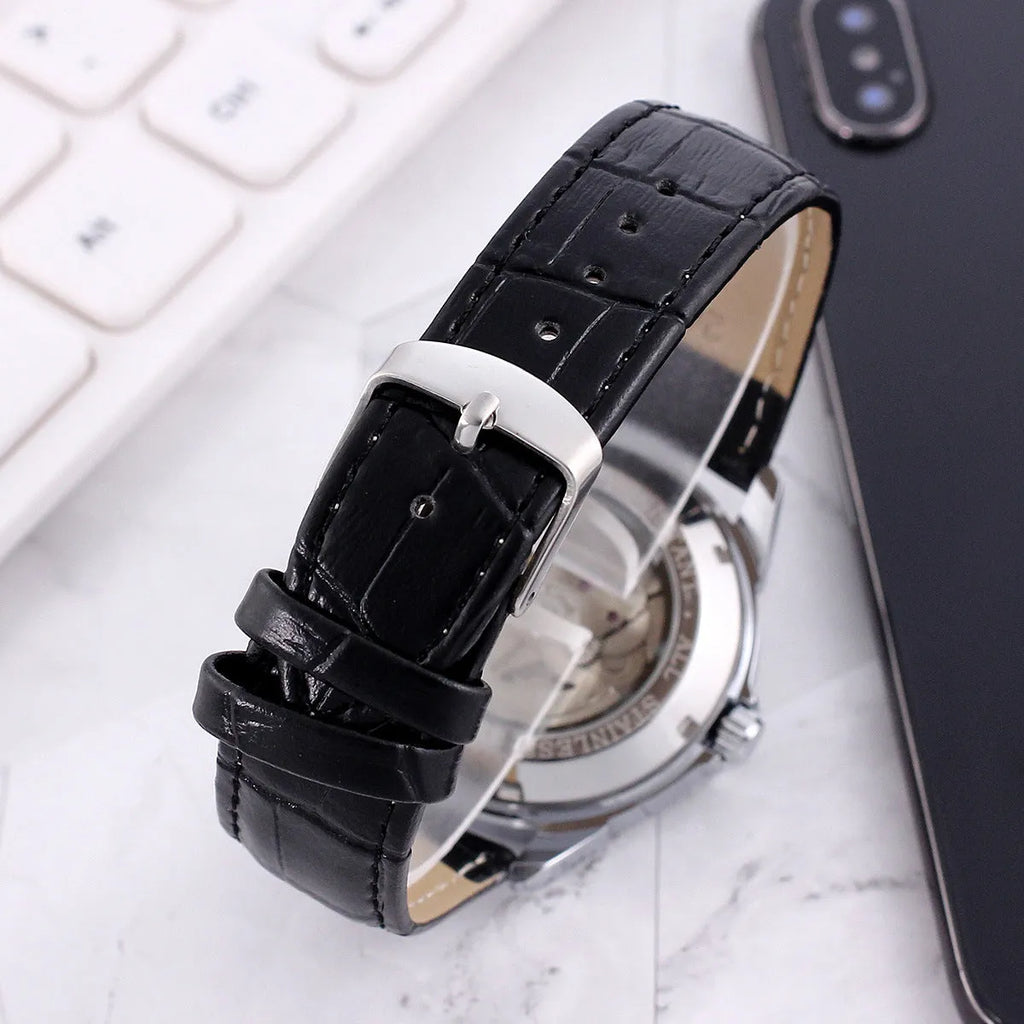 Mens transparent skeleton automatic casual watch with 37mm dial, genuine leather strap, and alloy case