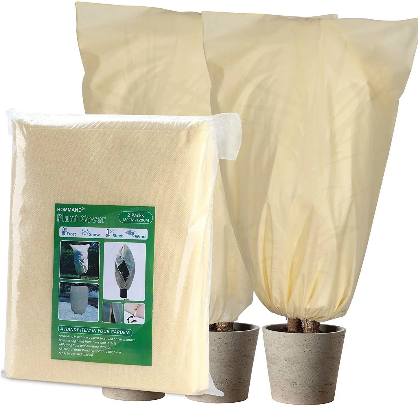 Adjustable, breathable plant cover in beige fabric to protect outdoor plants from winter frost and harsh weather