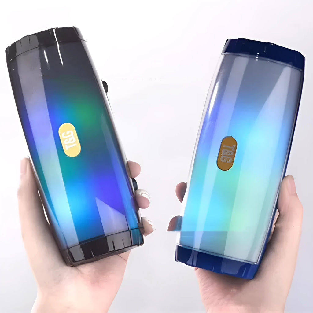 Portable Bluetooth speaker with coloured LED lights in a PU leather case.