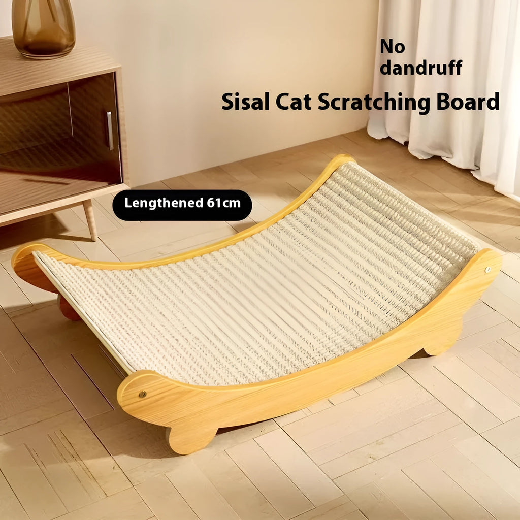 A pastoral-style sisal cat scratch board shown in two available sizes on a wooden floor.