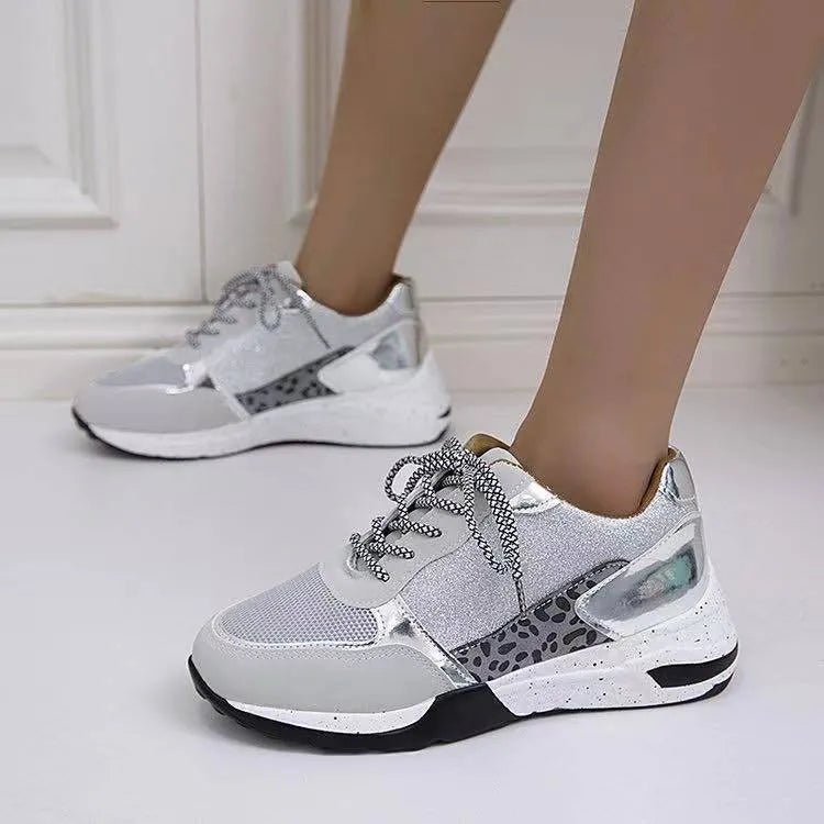 Women's lace up wedge flat sneakers in beige, round toe, artificial PU upper, side view