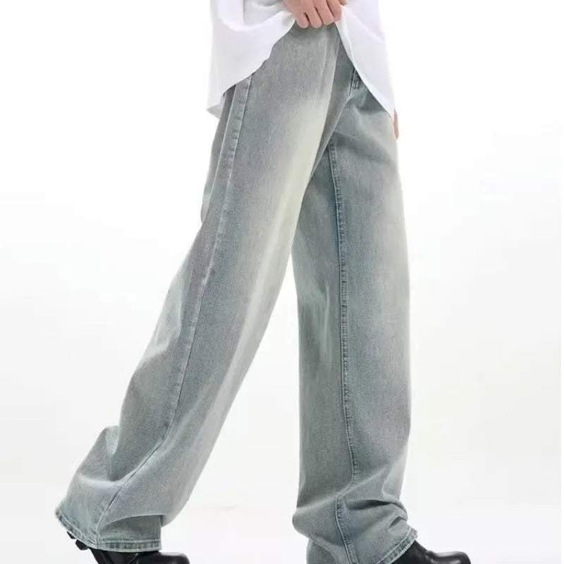 Blue retro-style loose casual trousers made from rabbit fur on a size chart.