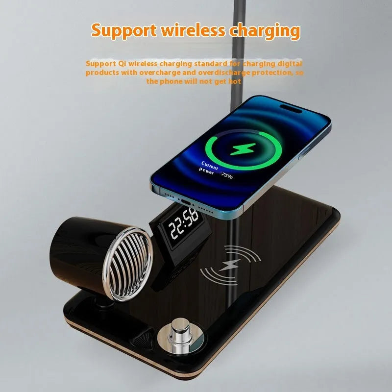 White intelligent wireless charging lamp with digital clock display on a wooden table.