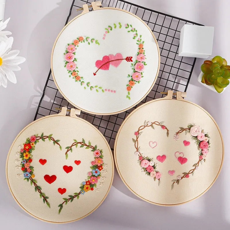 DIY heart embroidery kit with cotton cloth, Nordic style, and 20cm bamboo ring or taboret options